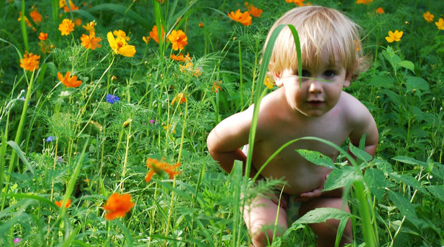 Child in field of wildflowers