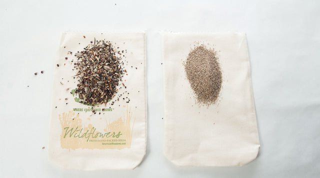 Two bags of wildflower seeds side by side