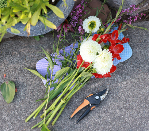 Cut blooms lying on pavement for a bouquet