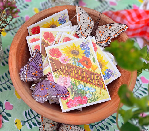 wildflower seed packets in a planting container