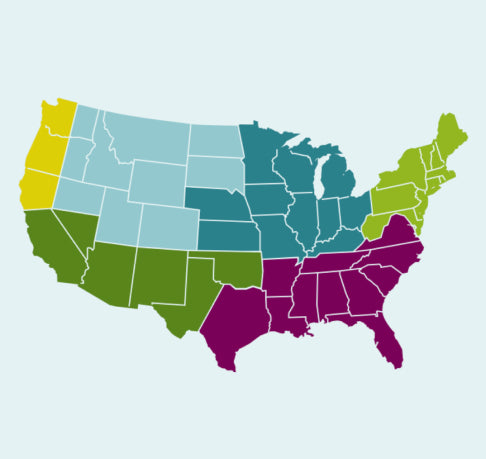 Map of USA with colored quadrants 